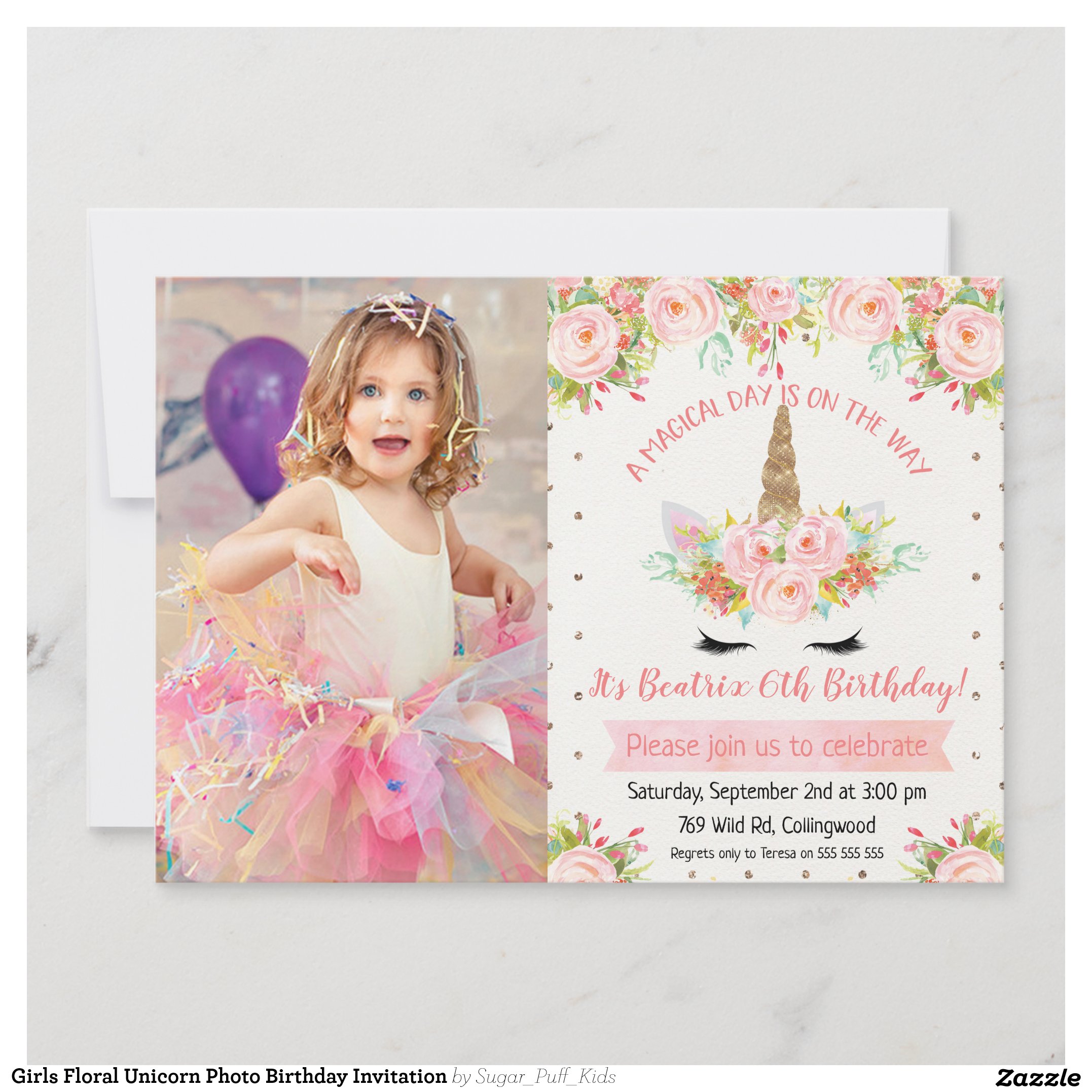 Girls Floral Unicorn Photo Birthday Invitation