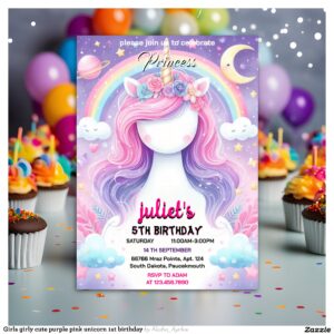 Girls girly cute purple pink unicorn 1st birthday invitation