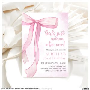 Girls Just Wanna Be One Pink Bow 1st Birthday Invitation