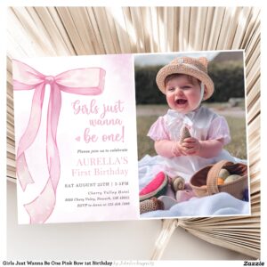 Girls Just Wanna Be One Pink Bow 1st Birthday Invitation