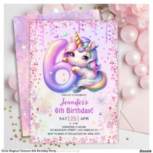 Girls Magical Unicorn 6th Birthday Party Invitation