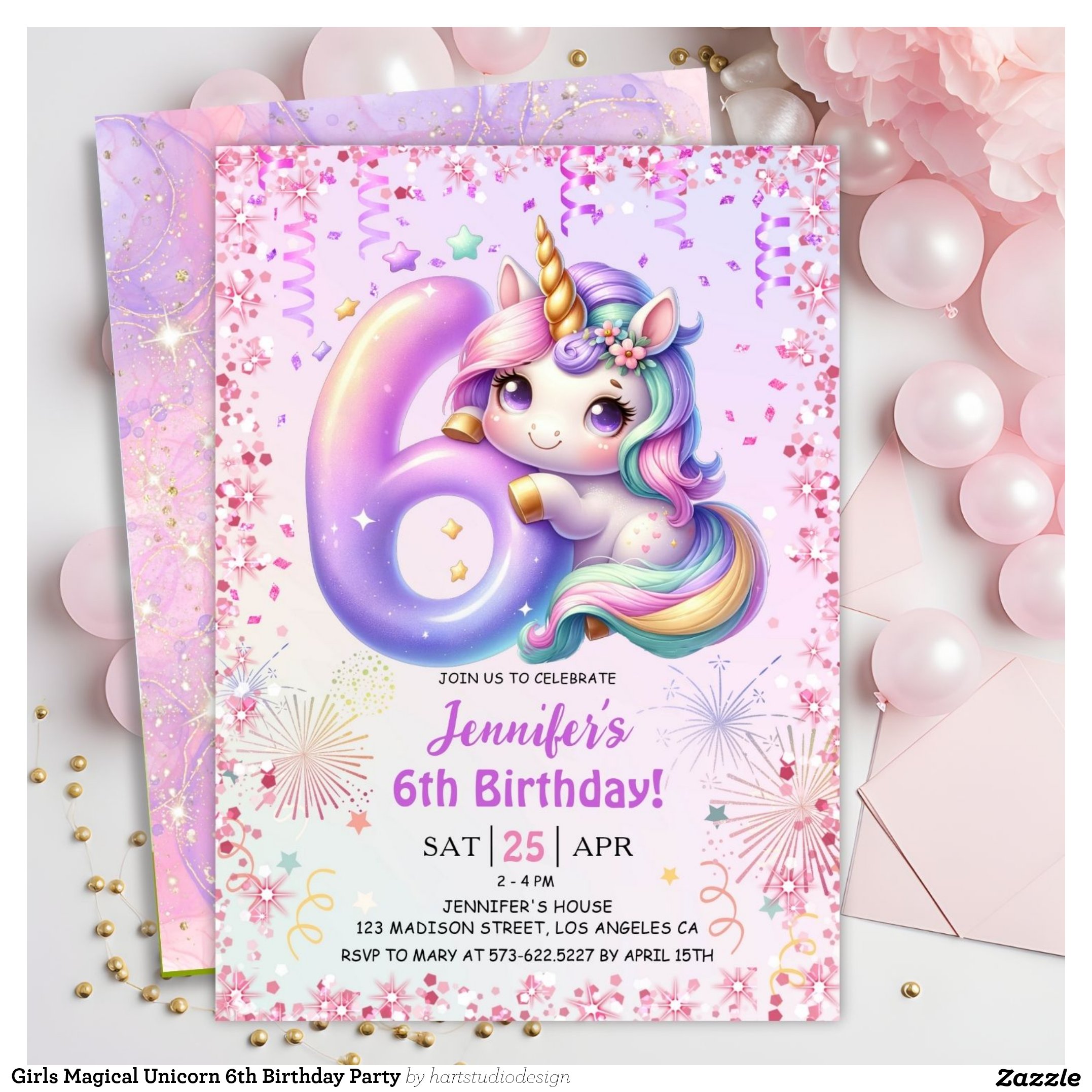 Girls Magical Unicorn 6th Birthday Party Invitation