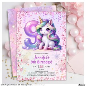 Girls Magical Unicorn 9th Birthday Party Invitation