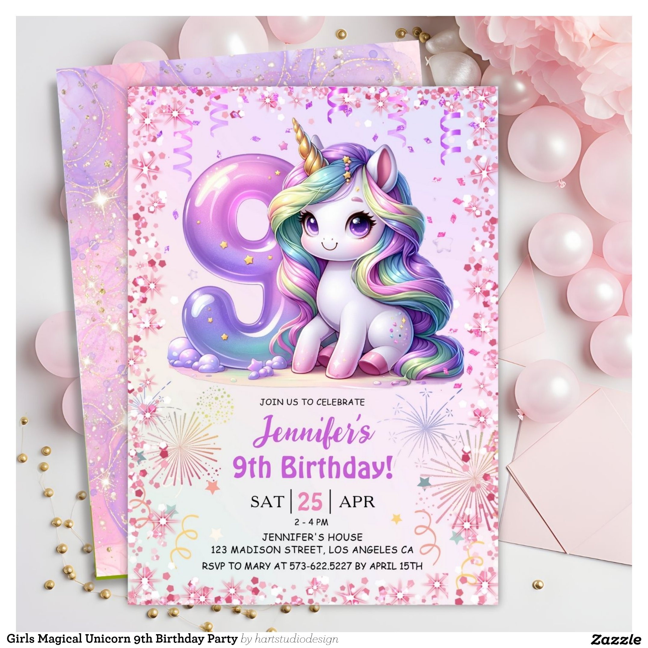 Girls Magical Unicorn 9th Birthday Party Invitation