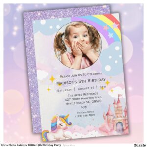Girls Photo Rainbow Glitter 5th Birthday Party Invitation