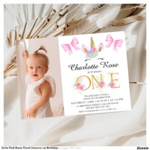 Girls Pink Bows Floral Unicorn 1st Birthday Invitation