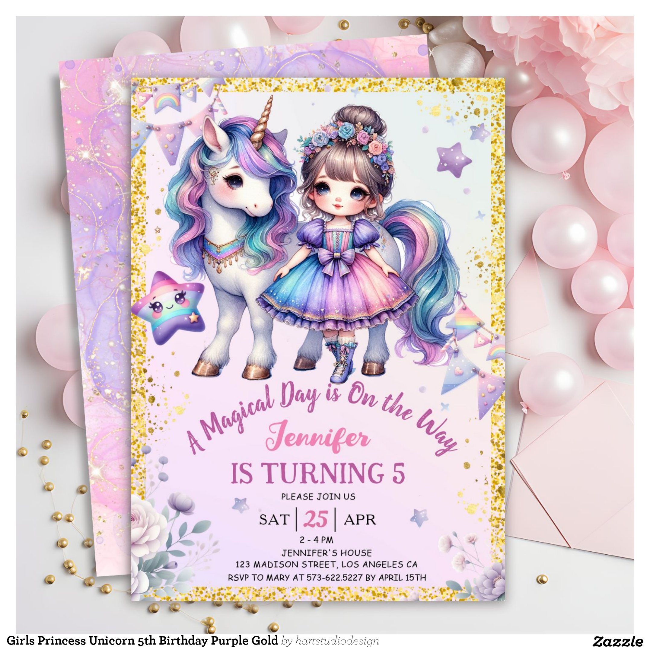 Girls Princess Unicorn 5th Birthday Purple Gold Invitation