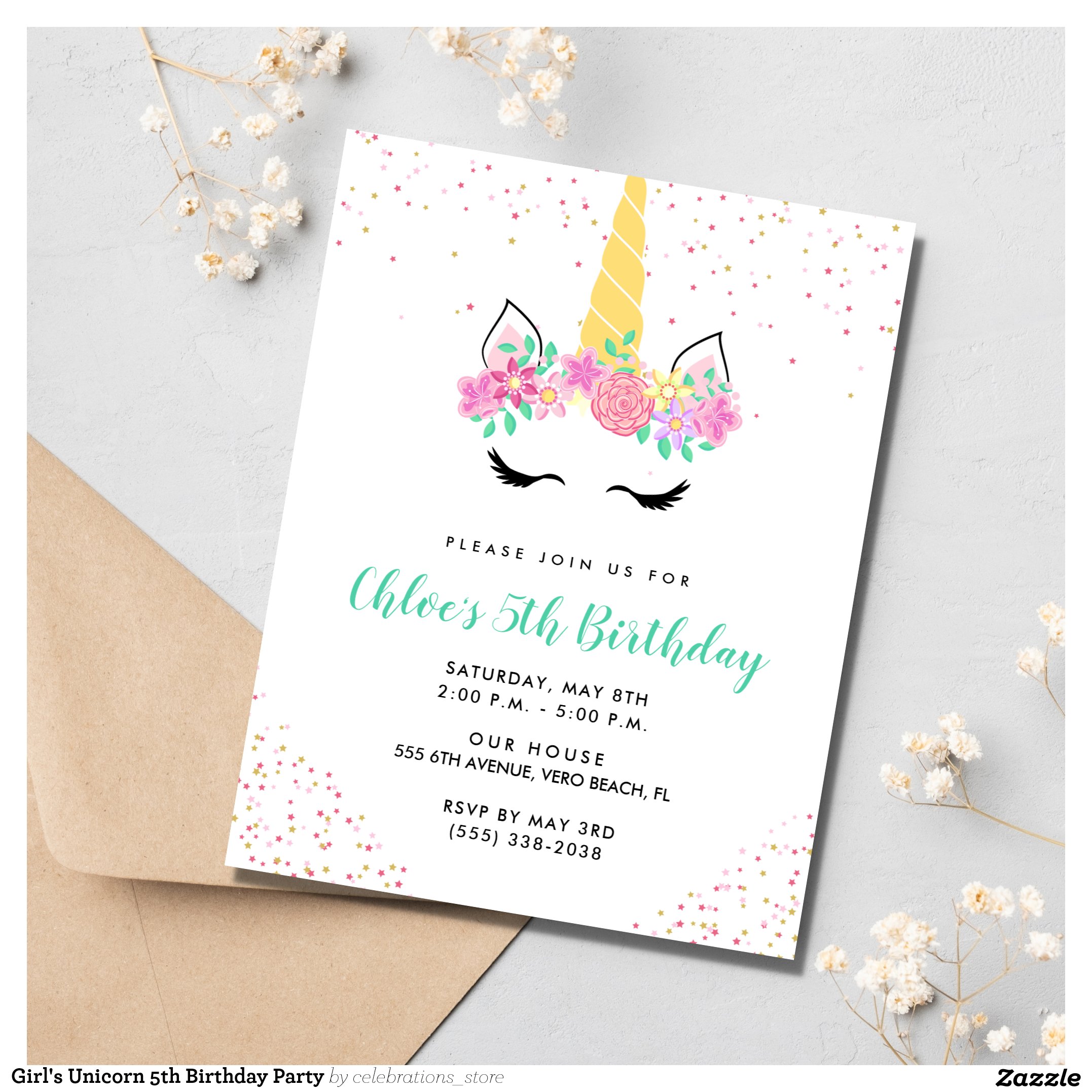Girl's Unicorn 5th Birthday Party Invitation