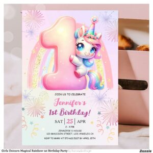 Girls Unicorn Magical Rainbow 1st Birthday Party Invitation