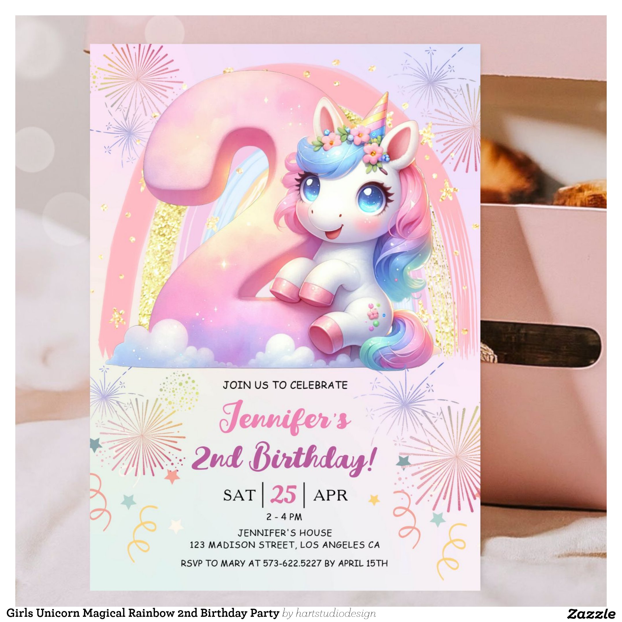 Girls Unicorn Magical Rainbow 2nd Birthday Party Invitation