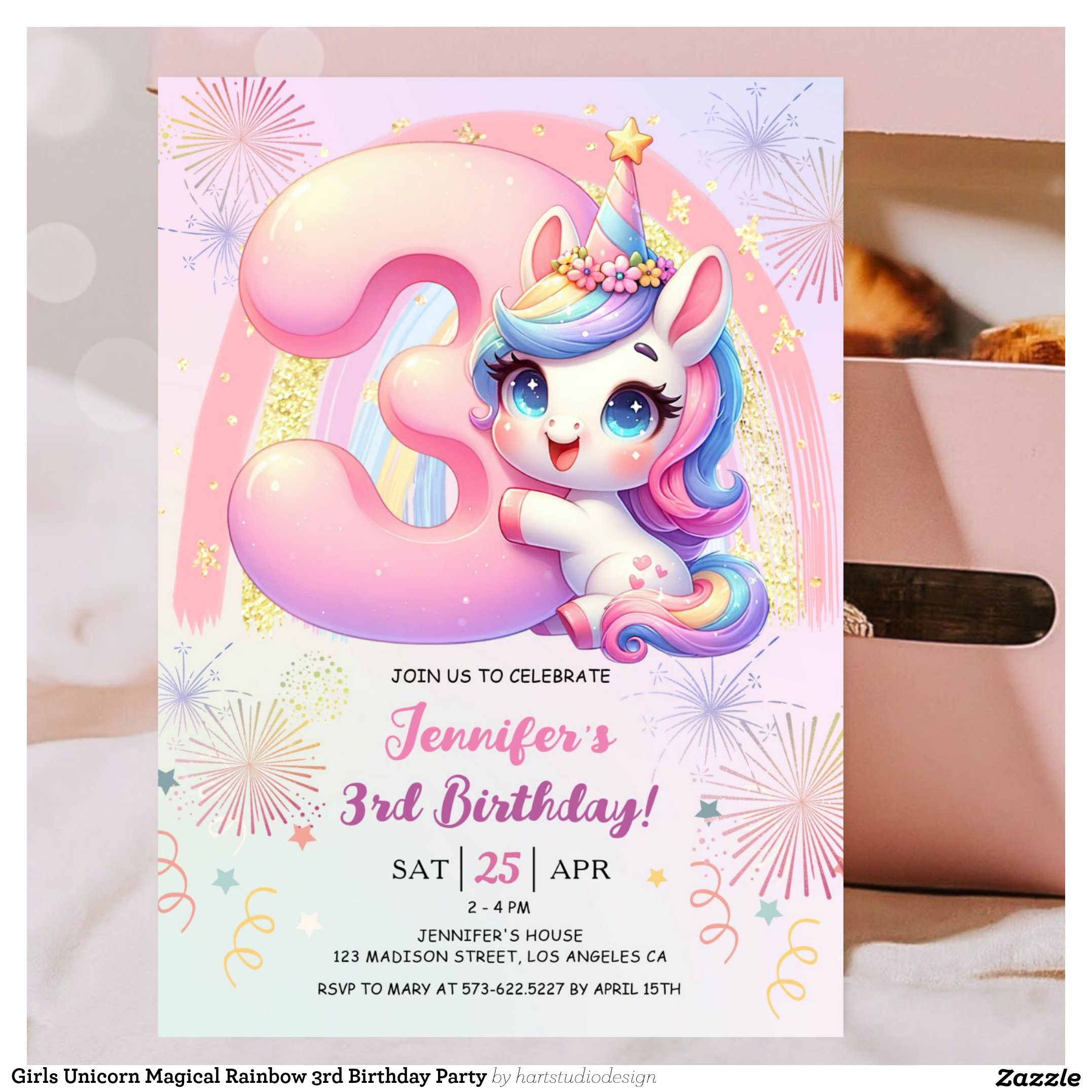 Girls Unicorn Magical Rainbow 3rd Birthday Party Invitation