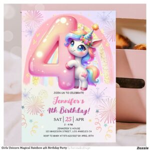 Girls Unicorn Magical Rainbow 4th Birthday Party Invitation