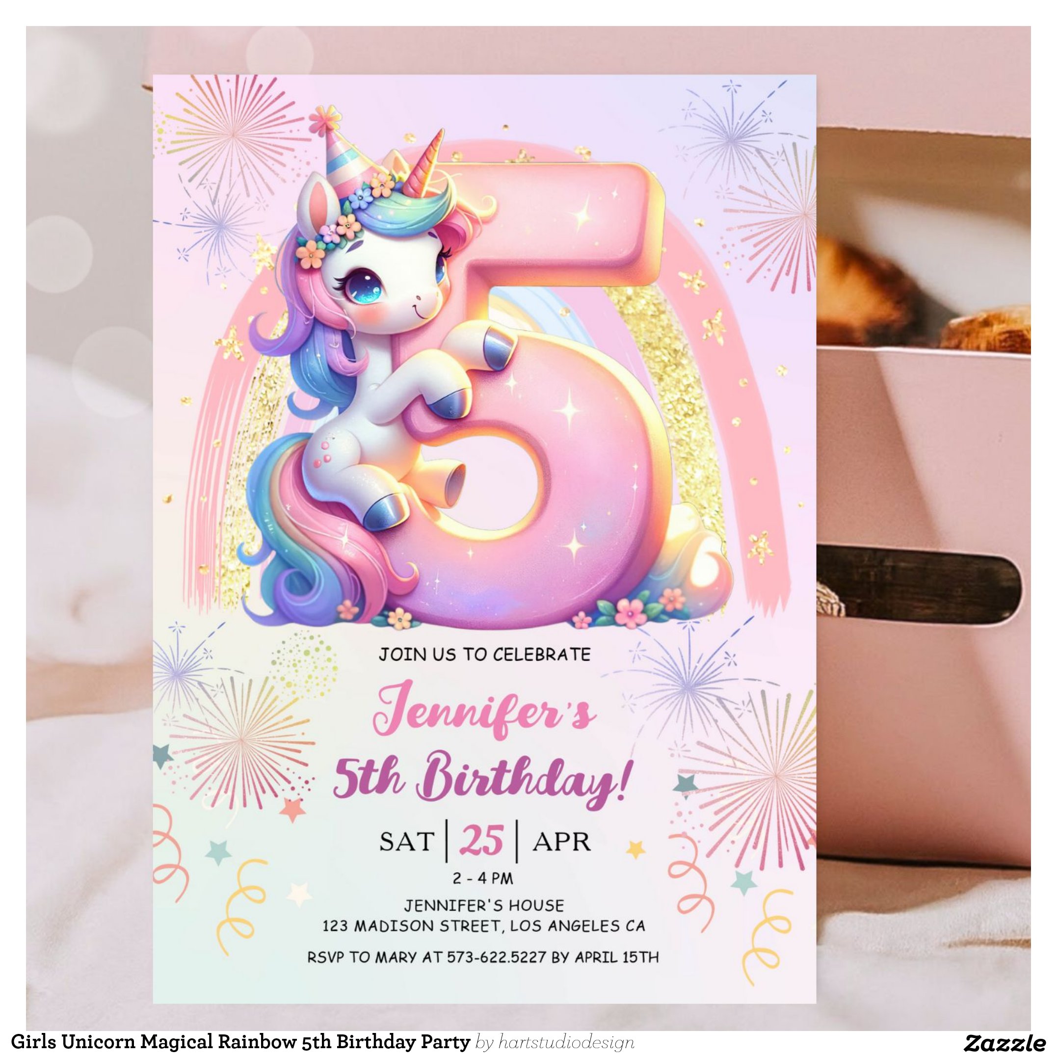 Girls Unicorn Magical Rainbow 5th Birthday Party Invitation