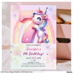Girls Unicorn Magical Rainbow 7th Birthday Party Invitation