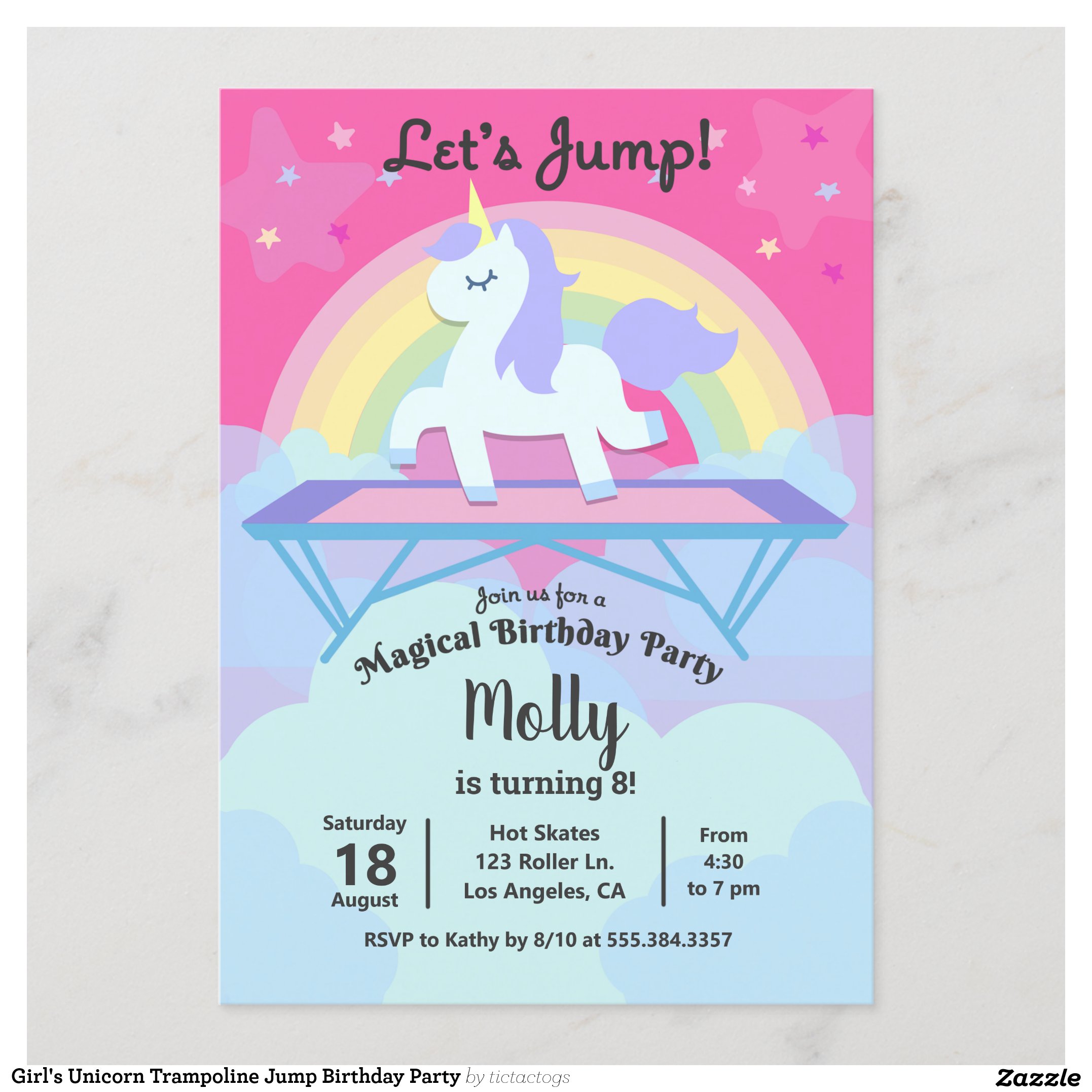 Girl's Unicorn Trampoline Jump Birthday Party Invitation