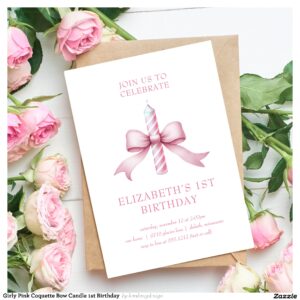 Girly Pink Coquette Bow Candle 1st Birthday Invitation