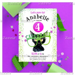 Girly Pink Green Black Cat Paw Glitter Watercolor Invitation