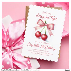 Girly Pink Red Coquette Cherry First Birthday Invitation