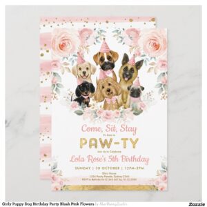 Girly Puppy Dog Birthday Party Blush Pink Flowers Invitation