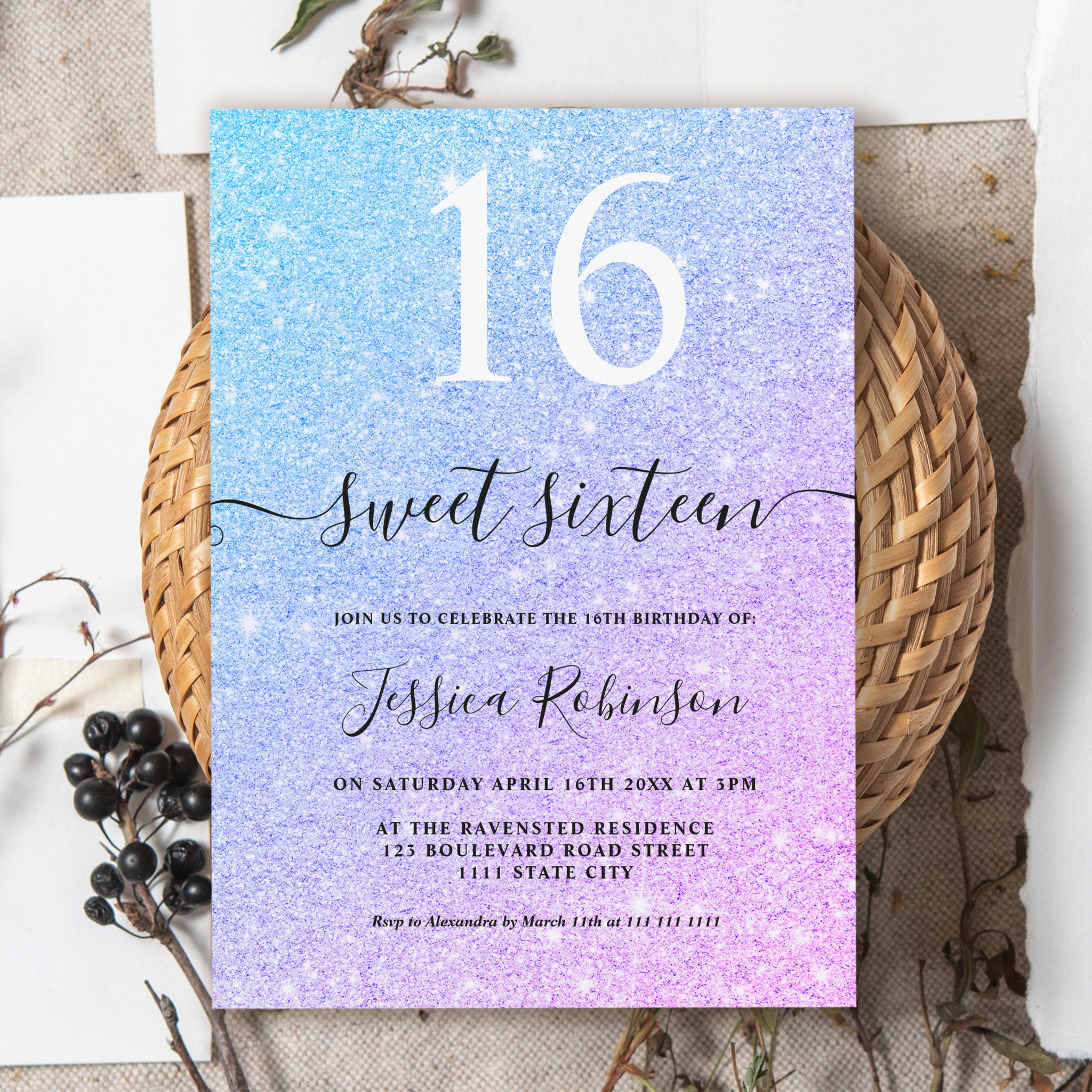 Girly unicorn glitter sparkles chic Sweet 16 Invitation