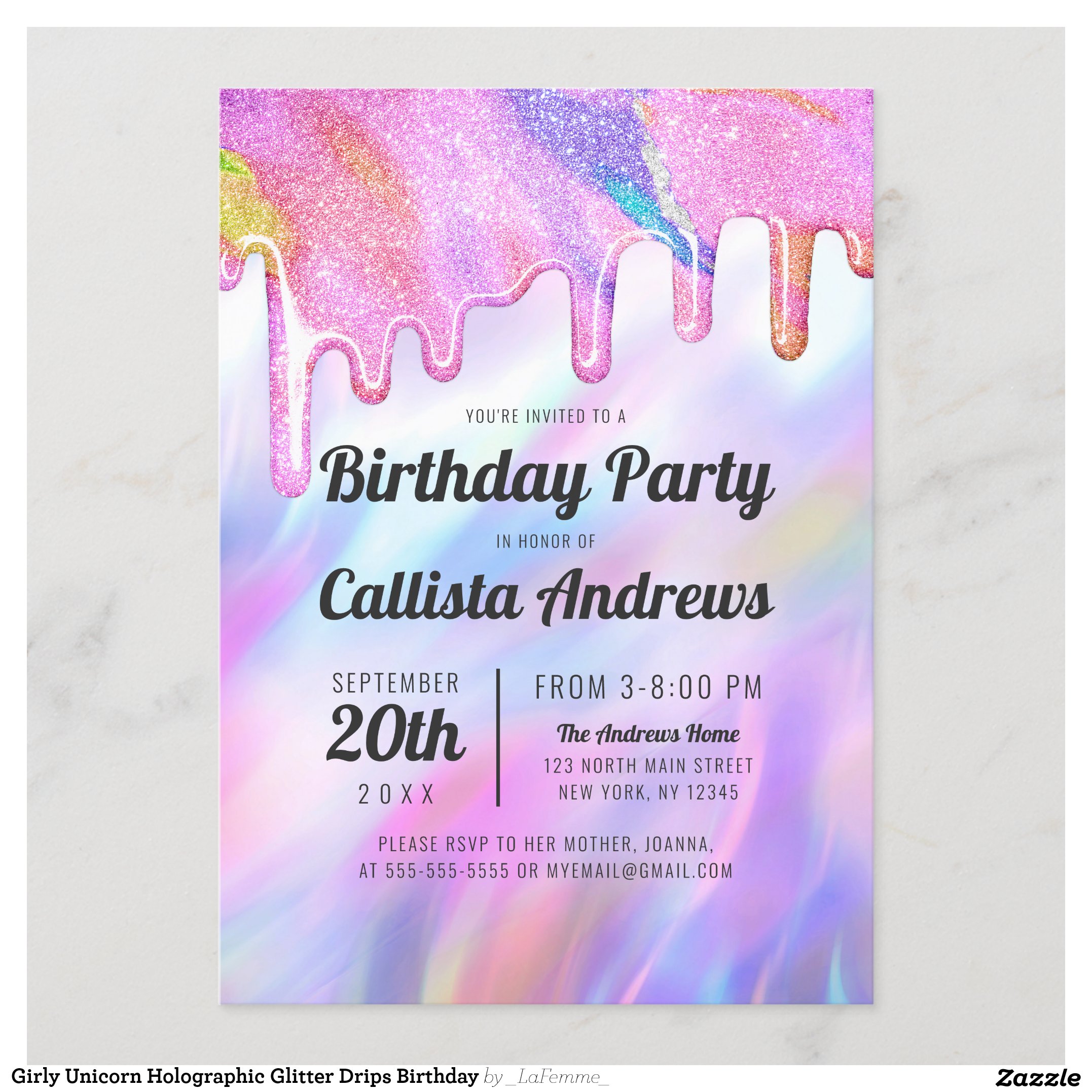 Girly Unicorn Holographic Glitter Drips Birthday Invitation