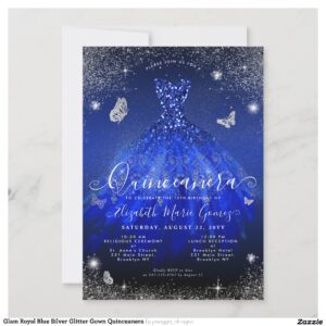 Glam Royal Blue Silver Glitter Gown Quinceanera Invitation