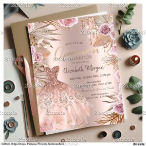 Glitter Drips Dress Pampas Flowers Quincea?era Invitation