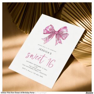 Glitter PInk Bow Sweet 16 Birthday Party Invitation