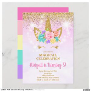 Glitter Pink Unicorn Birthday Invitation