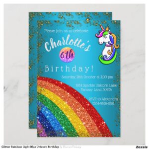 Glitter Rainbow Light Blue Unicorn Birthday Invitation