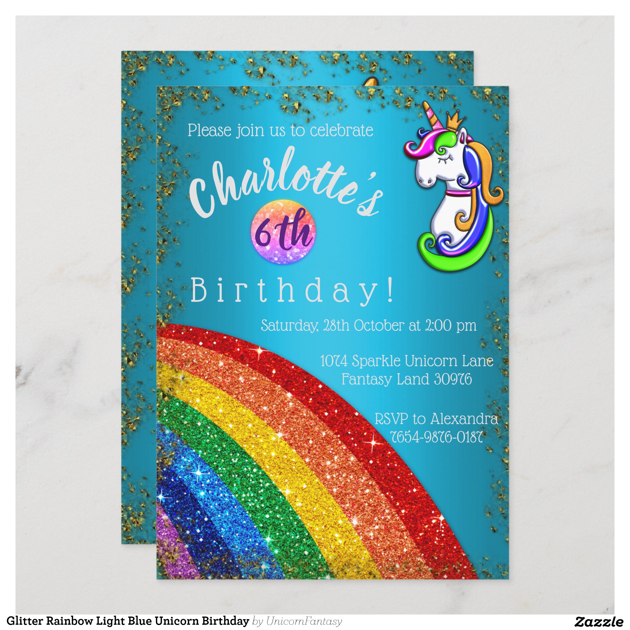Glitter Rainbow Light Blue Unicorn Birthday Invitation