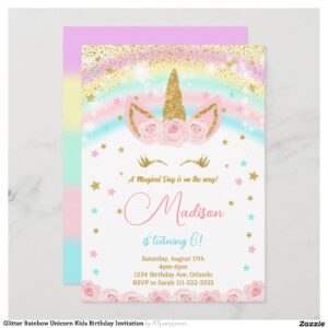 Glitter Rainbow Unicorn Kids Birthday Invitation