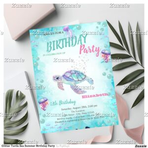 Glitter Turtle Sea Summer Birthday Party Invitation