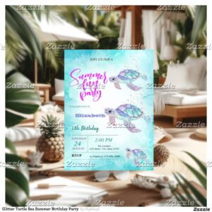 Glitter Turtle Sea Summer Birthday Party Invitation