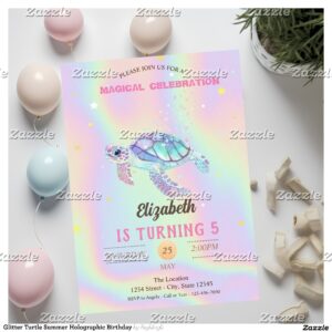 Glitter Turtle Summer Holographic Birthday Invitation