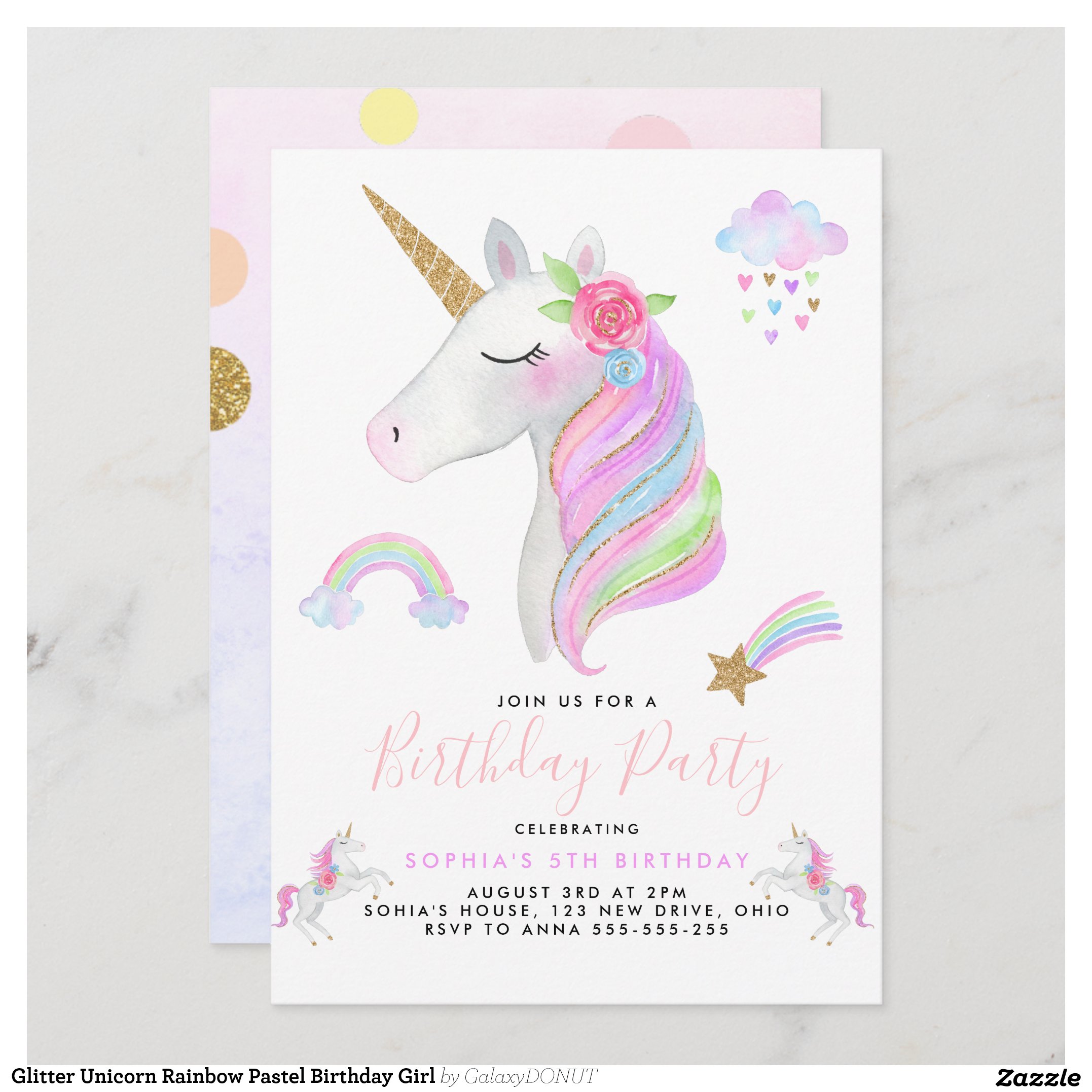 Glitter Unicorn Rainbow Pastel Birthday Girl Invitation