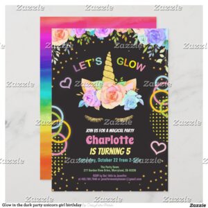Glow in the dark party unicorn girl birthday invitation