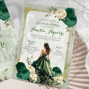 Gold and Emerald Green Castle Princess Quincea?era Invitation