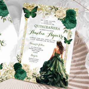 Gold and Emerald Green Royal Princess Quincea?era Invitation