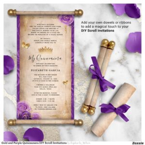 Gold and Purple Quinceanera DIY Scroll Invitations