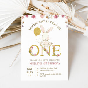 Gold Balloon Wildflowers Some Bunny 1st Birthday Invitation