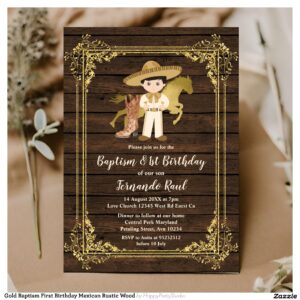 Gold Baptism First Birthday Mexican Rustic Wood Invitation