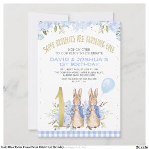 Gold Blue Twins Floral Peter Rabbit 1st Birthday Invitation