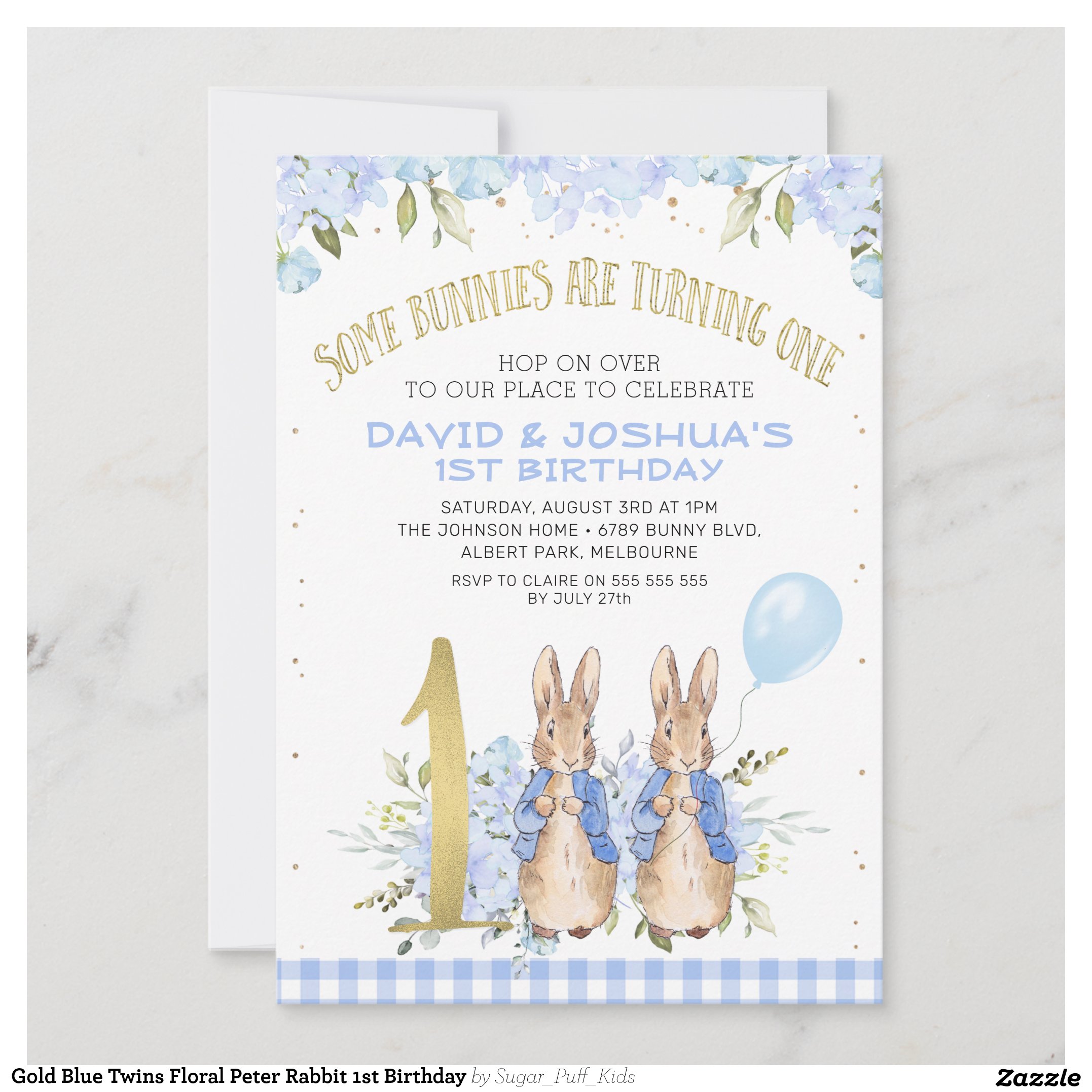 Gold Blue Twins Floral Peter Rabbit 1st Birthday Invitation