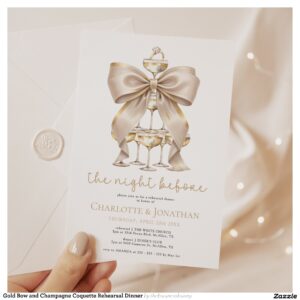 Gold Bow and Champagne Coquette Rehearsal Dinner Invitation