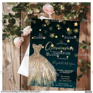 Gold Diamonds,Elegant Dress Stars Quincea?era Invitation