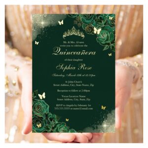 Gold Emerald Butterfly Floral Quinceanera Foil Invitation