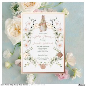 Gold Floral Baby Bunny Baby Shower Foil Invitation