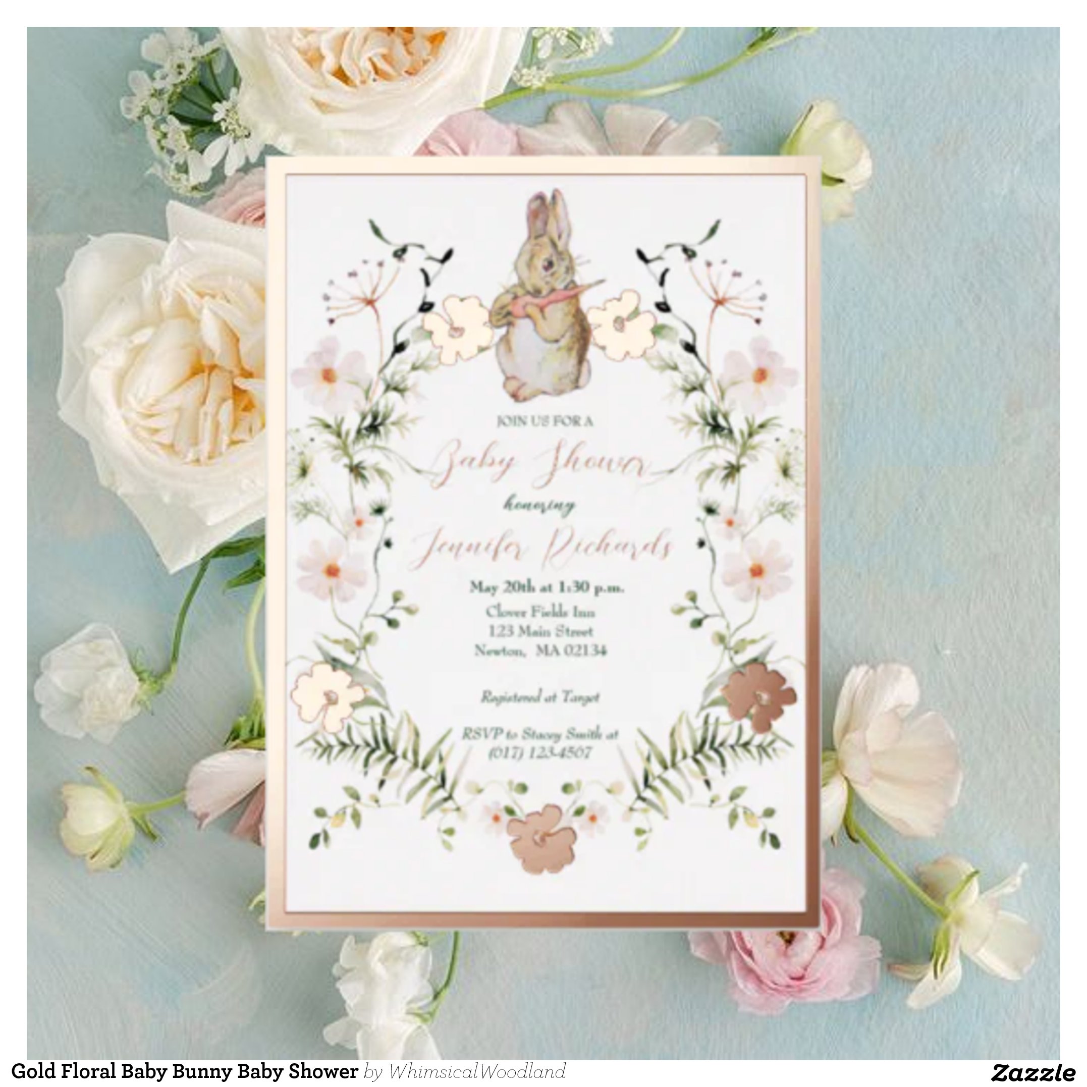 Gold Floral Baby Bunny Baby Shower Foil Invitation