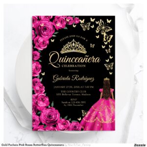 Gold Fuchsia Pink Roses Butterflies Quinceanera Invitation